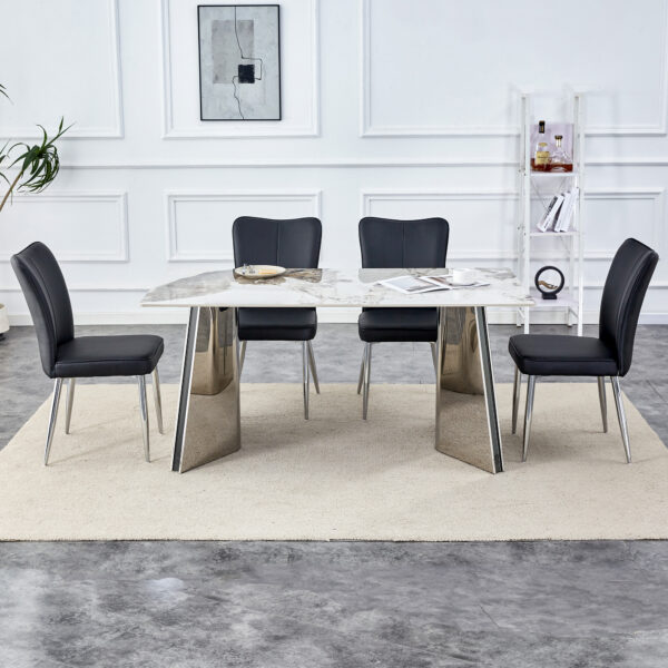 4af073219d7547e383432d43b454c965_238f6cc0e6f00df465572c4870fe4a39 Table and chair set.63"x31.5x30" Luxurious Pandora patterned Sintered Stone Tabletop with Silver Stainless Steel Legs.Paried With 4 Black PU Chairs with a vertical stripe design on the backrest.