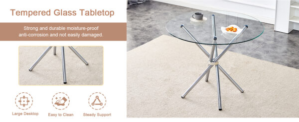 4b1ab885b44849818f55f6b7c0c0dcdb_afaf284fd67f7098edc38ea4ed5ae5c9 Round clear glass dining table with a unique shape for 4-6 people, with ring-shaped gathered silver metal legs, suitable for desks, kitchens, terraces, dining rooms.