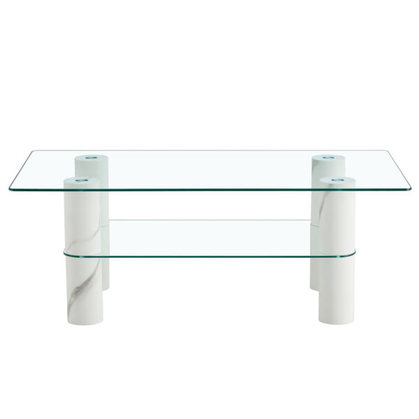 4b320e658b8f4eb39db6c4a6126c0b4f_20240311_0f6d5a2998921e6bb246e5de83fb6b55 Modern minimalist double layered transparent tempered glass coffee table and coffee table, paired with white MDF decorative columns. Computer desk. Game table. CT-X02