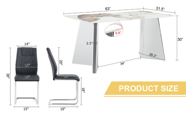 4b65d03043294a168b1e557fdcfd757c_c3b9b6fa310c97710d64f0f610db0930 Table and chair set.63"x31.5x30" Luxurious Pandora patterned Sintered Stone Tabletop with Silver Stainless Steel Butterfly Legs.Paried With 6 Black High-quality PU Chairs With Arched Metal Legs.