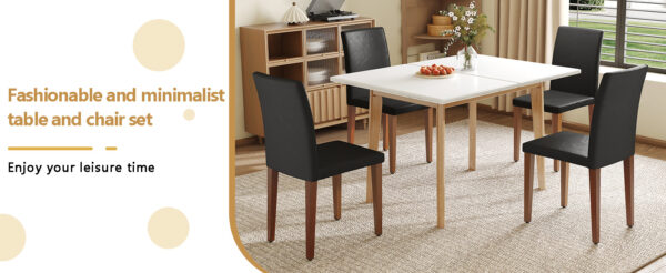 4b736a25d58f4108b4ebdfb7d6f3d379_a1c5e2da72692888fc1b28486d861aa6 Table and chair set. White Sintered Stone Tabletop, Rubberwood Legs,Foldable Computer Desk, Foldable Desk.Paried With 4 Black PU Dining Chairs with Walnut Color Metal Leg.