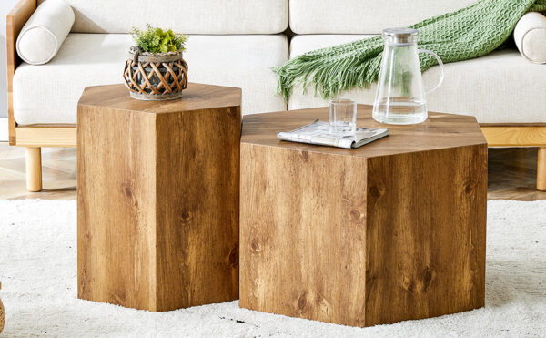 4b7cb77abbfb4d4ea4cdb443a64d765b_fbd1c53f1ba28f4a7d43cfa6ec36ce02 Modern Minimalist Set of Two Hexagonal Wood-Grain MDF Coffee Tables.Modern MDF coffee table, with complex texture patterns, style and texture coffee table to redefine your interior decoration.