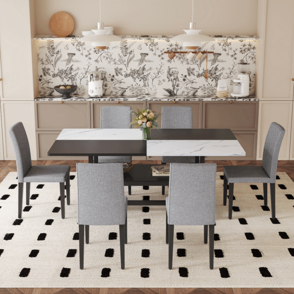 4b8a0e41953d41d3a0e2cdcad00b3c0c_d9c5d36d4f55475e95a9ac86ce0f7fca Table and chair set.71*35.4 inch White And Black Spliced Dining Table With Storage Function In The Middle Of The Table Legs.Paired With 6 Light Gray Linen-Cotton Dining Chairs, Simple And Versatile.