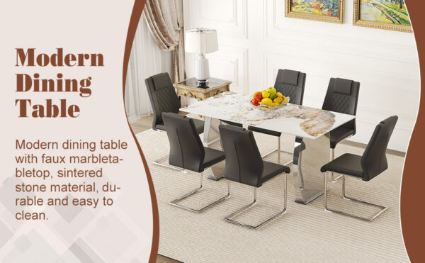 4bb1b9387b324a88b4ee40fcb794d56b_3d6a4d7488977bde1edb50f808d2c54b Table and chair set.63*31.4 Inch Pandora Patterned Sintered Stone Dining Table Set - 6 Black Chairs With Silver Metal Legs.Modern Light Luxury.Perfect For Dinner Room,Meeting Room,Kitchen,etc.