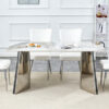 Table and chair set.63"x31.5x30" Luxurious Pandora patterned Sintered Stone Tabletop with Silver Stainless Steel Legs.Paried With 4 White PU Chairs with a vertical stripe design on the backrest.