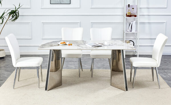 4bb5ead1046147fc8ba0da55ac66769a_363dc137703a6e261ef78a2a54132524 Table and chair set.63"x31.5x30" Luxurious Pandora patterned Sintered Stone Tabletop with Silver Stainless Steel Legs.Paried With 4 White PU Chairs with a vertical stripe design on the backrest.