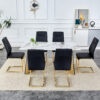 Table and chair set.63"x31.5x30" Luxurious Cold Jade Patterned Sintered Stone Dining Table with Golden Stainless Steel Butterfly Legs.Paried With 6 Black High-quality PU Chairs With Arched Metal Legs.