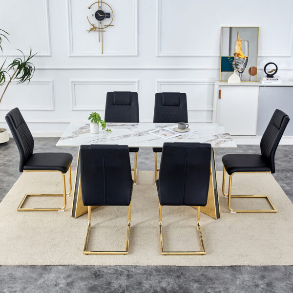 4be2019066234ebda127aab862f67363_c4c74f2354e25bbe4c49b8494d2c1b9c Table and chair set.63"x31.5x30" Luxurious Cold Jade Patterned Sintered Stone Dining Table with Golden Stainless Steel Butterfly Legs.Paried With 6 Black High-quality PU Chairs With Arched Metal Legs.