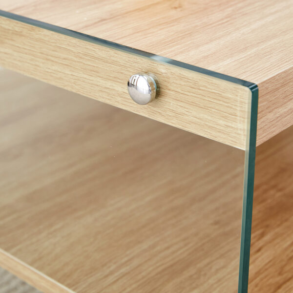 Three-tier side table and bunk coffee table set. The board is made of MDF with wood stickers and clear tempered glass on both sides. The design is simple and elegant, with powerful storage function
