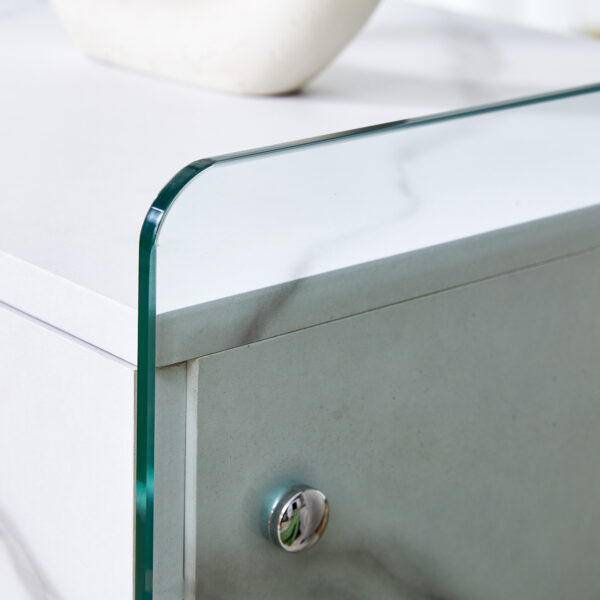4c004c8d72934e1d9da4e12f72885d2d_beaccaac5e3832e713d15a5f788b3fe1 Bedside table with drawers. The board surface is MDF sticker, and both sides are transparent tempered glass. The design is simple and elegant, with excellent storage functions.