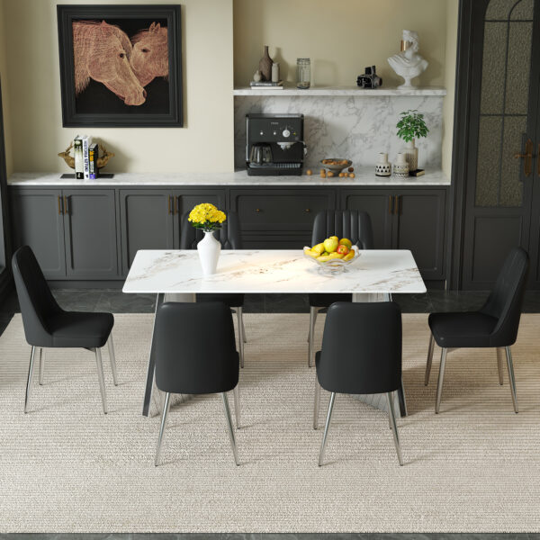 4c074b04ef5546f6856460bf35031f90_54a690532ebc3da4d64a3641e758904b Table and chair set.63*31.4 Inch Luxurious Cold Jade Sintered Stone Dining Table Set - 6 Black Chairs With Silver Metal Legs.Modern Light Luxury.Perfect For Dinner Room,Meeting Room,Kitchen,etc.