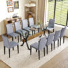 Table and chair set.79"x31.5" Inch Tempered Glass Tabletop With X-shaped Black Metal Table Legs,Wood Grain Textured MDF Crossbeam.Paired With 10 Light Gray Linen-Cotton Dining Chairs.