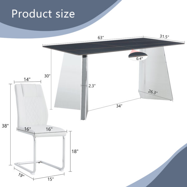 4c22bbffd9574cdebc8756c008c44c14_eebc5f098d0f15260759eb558bd2a22e Table and chair set.63"x31.5x30" Black Marble-Patterned Slabs Tabletop with Stainless Steel Butterfly Legs.Paried with 6 White high-quality PU chairs with silver metal legs.