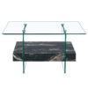 31.4 Inch Modern Two-Tier Square Coffee Table - An Elegant Combination of Clear Glass and Black Marble Pattern Sticker.It can be used as a coffee table,a side table or a display stand.