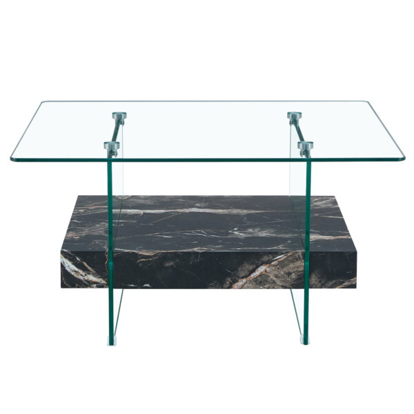 4c3738f633d4474a810cf7875316324e_feb211ff6fa78a4ae4970d3f2bc9945b 31.4 Inch Modern Two-Tier Square Coffee Table - An Elegant Combination of Clear Glass and Black Marble Pattern Sticker.It can be used as a coffee table,a side table or a display stand.