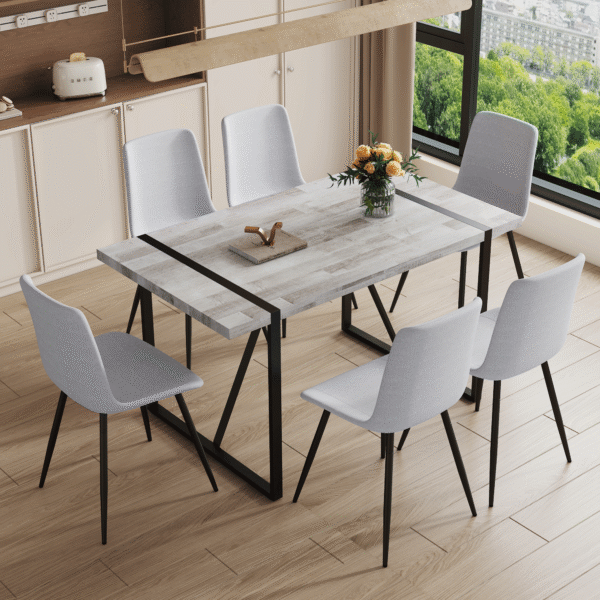 4c6e80db34874d78b3bf1c879bcf2eea_76b72bc9b0b0bd70f7cb8d822f6c4bfe Table and chair set.A minimalist retro rectangular dining table with a textured top and black metal legs.Paired With 6 Light Gray Linen-Cotton Dining Chairs With Curved Widened Cushion Design.