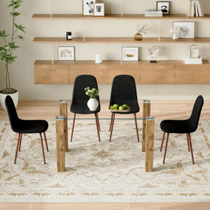 Table and chair set.A 49.6*30 Inch Transparent Tempered Glass Dining Table With Rectangular Natural Wood Grain MDF Legs.Paired With 4 Black Linen Material High Resilience Dining Chair with Metal Leg.