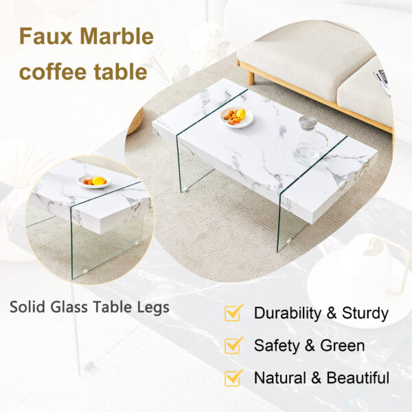 4c7e9a24b25346d0963dbe463e083df3_e8e5fe94d8063654a68e4c044c3c14ff 43.3"x23.6" White Marble-Patterned MDF Coffee Table with Tempered glass legs.Suitable for Living Room.It can be used not only as a coffee table but also as a side table or display stand.