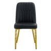 8 modern dining chairs, sleek PU backrest, and gold metal legs bring a comfortable home experience to the kitchen, bedroom, and office.Black PU Chairs with Simple Line Designs On The Backrest.