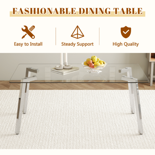 4c86f22aca134a03aa3314d571b2b7ab_0bc340c1e898716b5fb1accbaaa79b98 Table and chair set.71 * 35.4 inch rectangular dining table.Tempered Glass Tabletop,Silver 7-shaped Metal Table Legs.Paried With 6 Transparent Plastic Dining Chair with Silver Metal Legs.