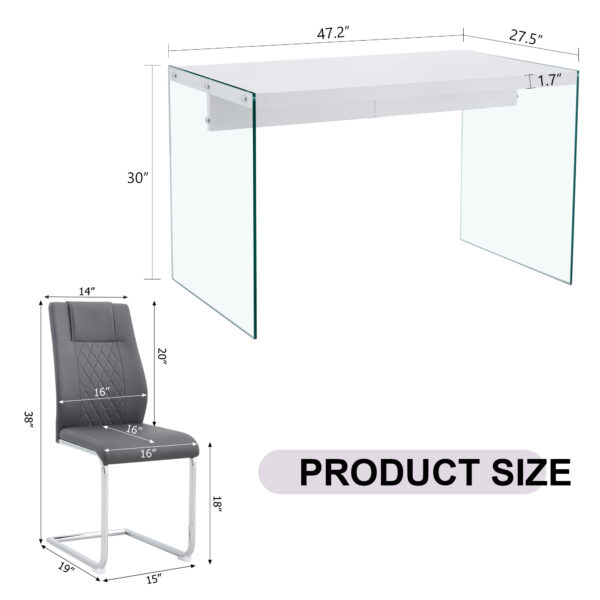 4cbc3ea5949c4911a6bc48848e3b8515_ac7815a09e962cbc5fe5e4490e93ffe1 Table and chair set.White MDF Coffee Table - Reinforced with Tempered Glass Legs.Paired with 4 Dark Gray high-quality PU chairs with silver metal legs.