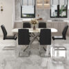 Table and chair set.Modern Luxurious white Marble-Patterned Tempered Glass Dining Table with 6 Chairs.Single fork silver metal table legs.Black high-quality PU dining chairs with silver metal legs.