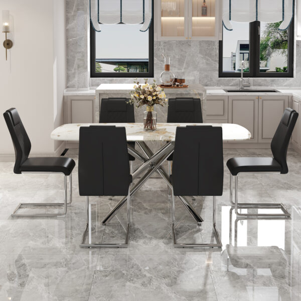 4cd1568ecee843ebba3dc5c2a66856ed_7d35341ae89aa1b2bddf2c0446f26308 Table and chair set.Modern Luxurious white Marble-Patterned Tempered Glass Dining Table with 6 Chairs.Single fork silver metal table legs.Black high-quality PU dining chairs with silver metal legs.