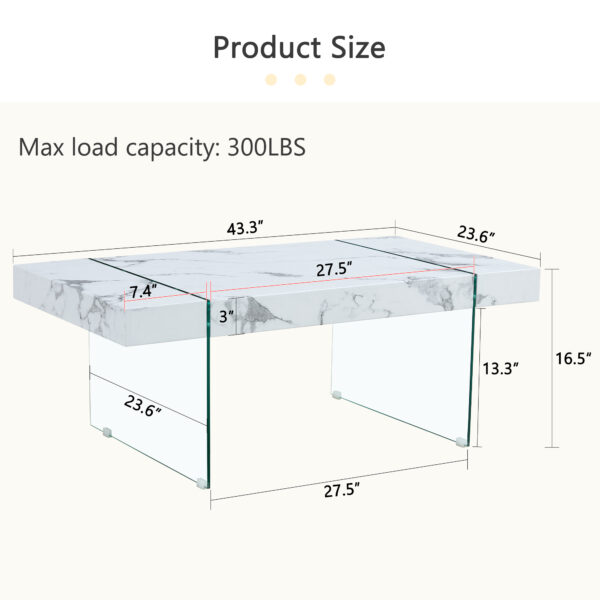 4cffeb83fbb64c5688e07b0fa84a780f_3d171e1d18540fb0d94fbdd985d449b2 43.3"x23.6" White Marble-Patterned MDF Coffee Table with Tempered glass legs.Suitable for Living Room.It can be used not only as a coffee table but also as a side table or display stand.