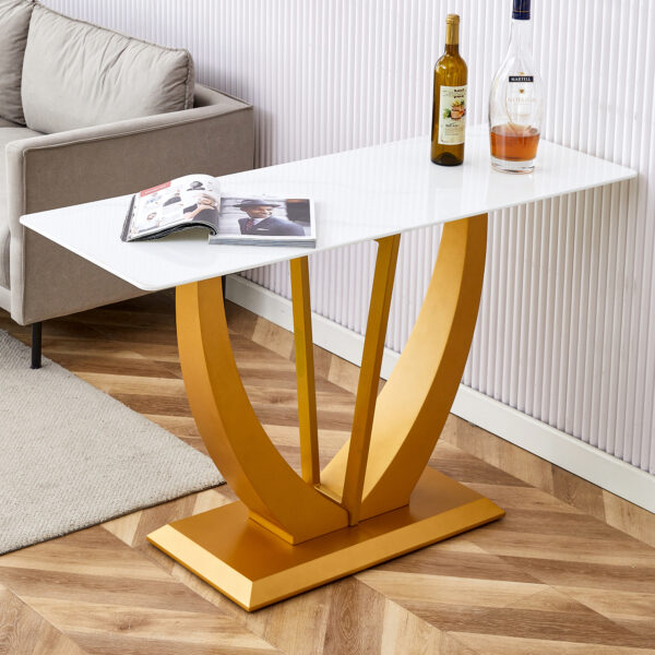 Modern and simple rectangular glass dining table in white with a pattern, 0.39 "white top and gold legs, suitable for entrance and living room.