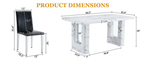 4d0b13a8e8b54ed79858622c4188eb25_b0677d90f4844b30ee30bbf8c0c4a2fc Table and chair set.64.5x35.4 Inch Stylish White Marble Textured Dining Table.Paried With 4 Black PU dining chairs, Silver Metal Legs.Simple and versatile.High Elasticity Sponge Filling.