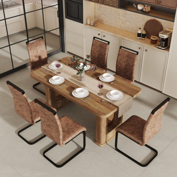 4d0df28a9c6c4745befa54325f3eb060_d02de8801dcfb23c0baee7b7adf7b0ff Table and chair set.64.5 x 35.4 Inch Stylish Wood Color Textured Dining Table.Perfectly Blending Simplicity And Transparency.Paried With 6 Brown technology fabric chairs with arched black legs.