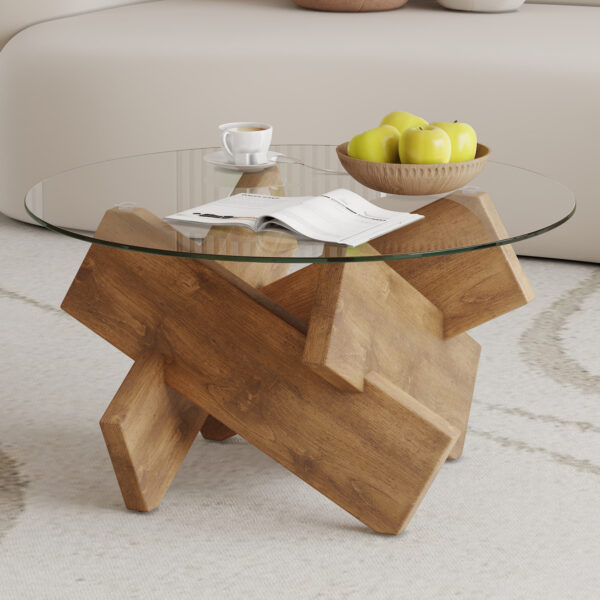 Circular glass coffee table, 33.4-inch modern and distinctive design tea table. Tempered glass countertop, wood colored MDF table legs. Suitable for living rooms and farmhouses