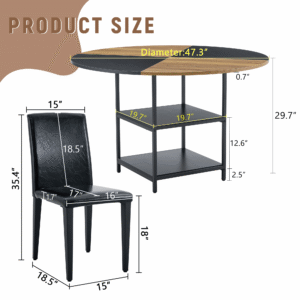 Table and chair set.A 47.3-inch diameter modern spliced color circular dining table - double-layer storage.Paired With 4 black PU dining chairs, simple and versatile, comfortable and accompanied.
