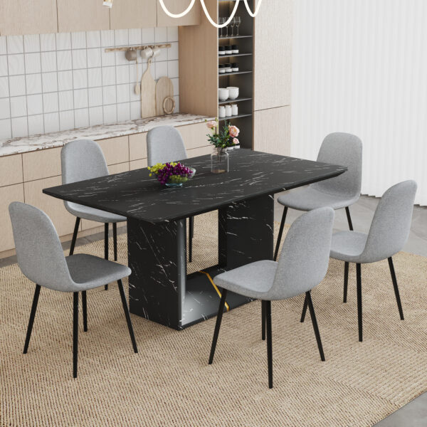 Table and chair set.Black Marble Pattern MDF Dining Table Set - 63"x35.4" with 6 Light Gray Linen Fabric Chairs.Integrated Seat and Backrest,Linen-Cotton Material.Suitable for kitchen,Dining room,etc.