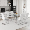 Table and chair set.Modern Luxurious Transparent Tempered Glass Dining Table Set with 6 Chairs.Single fork silver metal table legs.White high-quality PU dining chairs with silver metal legs.