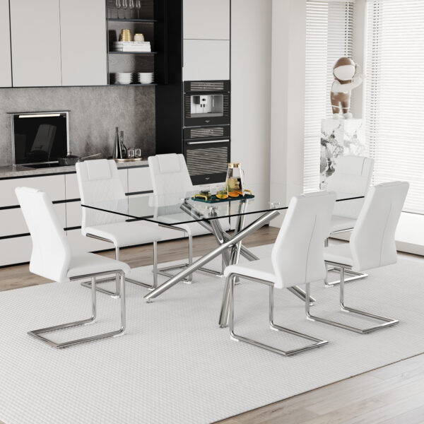 4ddeef2e67194c4b8cc215b5e432a697_fddc195a52edabf8077ebc18bcc3f532 Table and chair set.Modern Luxurious Transparent Tempered Glass Dining Table Set with 6 Chairs.Single fork silver metal table legs.White high-quality PU dining chairs with silver metal legs.