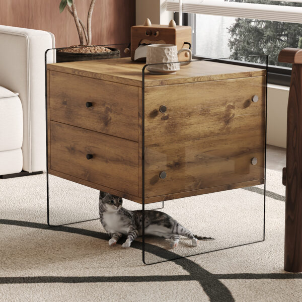 4de8ba94abd3401dba7dd092fb918d47_fe7c67f2418a6ea88db4e25c65502338 Double-drawer bedside table. The board surface is MDF sticker, and both sides are transparent tempered glass. The design is simple and elegant, with excellent storage functions.