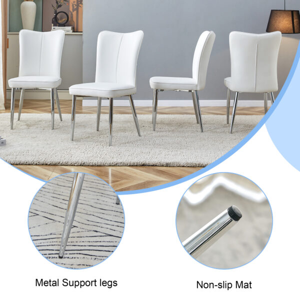 4df5356b213f499ea05b8e42de877d6d_5d031ce9d7f07603d9fa1e11e16bf386 Table and chair set.Elegant Transparent Tempered Glass Dining Set - 71"x35.4" with 8 White PU Chairs with a vertical stripe design on the backrest.