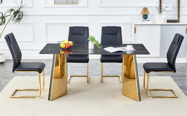 4e0ea1a1e98e492cb5d30c1155fc5814_51499492ff6062e115b9935d452e2664 Table and chair set.63"x31.5x30"Black Texture With Lines Patterned Sintered Stone Table with Golden Stainless Steel Butterfly Legs.Paried With 4 Black High-quality PU Chairs With Golden Metal Legs.