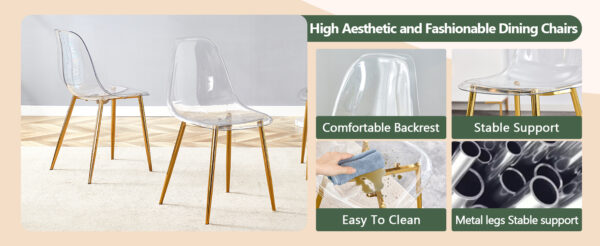 4e31fe7587c540da8914cddf0e19c31c_4930cfd9ce2fc9172cbc2ac40cd1dd96 Transparent and stylish ergonomic dining chair unlocks a new experience of lightweight fashion, comfort, and stability. Transparent seat cushion, golden metal legs. One box of three.