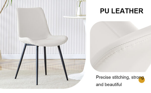 4e5fb12fc36344488fa90ff4e916e565_2781191bf18ca101f9df9304f9040239 White artificial leather backrest cushion dining chair, black metal legs, curved widened cushion design for more comfort, suitable for restaurants, kitchens, bedrooms, offices.(6 chairs) 0502