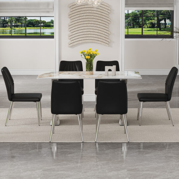 4e644893e88742148831f6145f666349_161b8116ec15e97e845004108046f1ed Table and chair set.63*31.4 Inch Pandora Patterned Sintered Stone Dining Table Set - 6 Shell Textured Black Chairs, Modern Light Luxury.Perfect For Dinner Room,Meeting Room,Kitchen,etc.