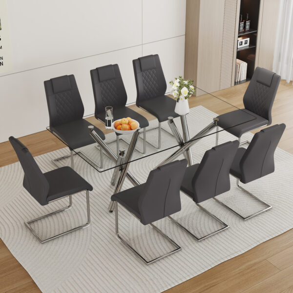 4e677d5c562a4381b16478e7f4d3e70b_ced1467f3375dfa31092956b0b99a385 Table and chair set.71''*35.4'' Inch Modern Luxurious Transparent Tempered Glass Dining Table Set with 8 Chairs.Double Fork Silver Metal Table Legs.Dark Gray High-quality PU Dining Chairs.