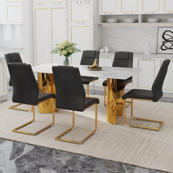 4e6a8249bd75436f83c289fef22a5702_b173c5501287f561251272f26f49421c Table and chair set.The table has a glass tabletop with imitation marble pattern stickers and stainless steel golden table legs. Paried with comfortable chairs with PU seats and metal legs.