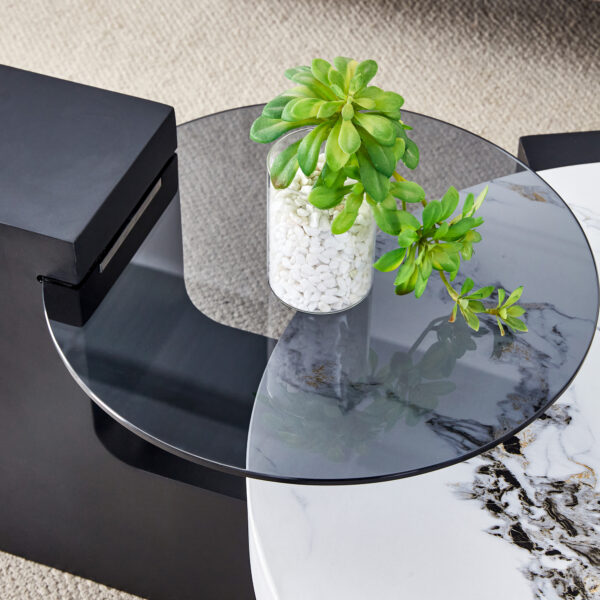 4e76040601bf4c8bb839a064a3c7d7a9_4e8ed0ad3847adc6ae90fe3d39f64b8e Modern Simple Double-Layer Round Coffee Table - Transparent Gray Glass Top with Black MDF L-Shaped Legs.The detachable design can make the use of space more flexible.