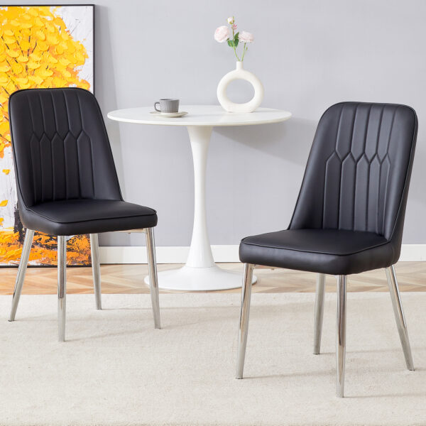 4e79e85c86b2413cbc9bfd4ee78d5a42_1626e7f4f7f69da82f99b65514827732 2 modern dining chairs, smooth PU leather backrest and silver-toned metal legs for a comfortable home experience for kitchens, bedrooms and offices.