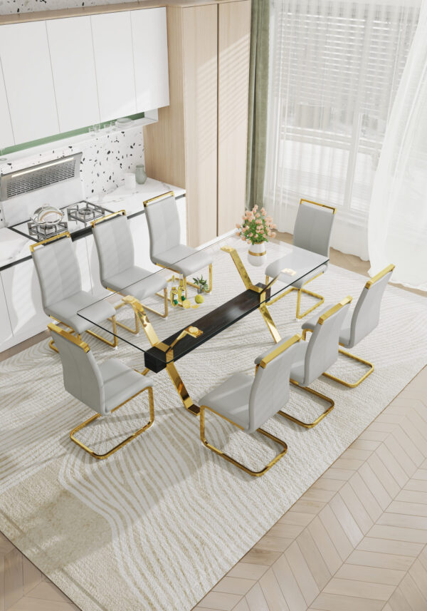 4e8c03549182471e9d7067ac7e385b48_20230727_92a9e45764c4014e821091b38c7b189e Dining table. Modern tempered glass dining table. Large modern office desk with gold plated metal legs and MDF crossbars, suitable for both home and office use. Kitchen. 79 ''x39''x30 '' 1105