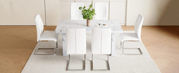 4eb174629d0646318f92aa22c41b3709_6ca5739b06f5070b11b283ac7dafe297 Table and chair set.63"*35.4" White Imitation Marble Pattern MDF Dining Table Set - 6 Soft and Comfortable White PU Chair With Arched Metal Silver Leg.Create Your Exclusive Low-Key Luxury Space.