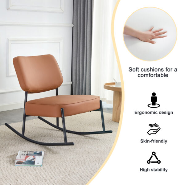 PU material cushioned rocking chair, unique rocking chair, cushioned seat, brown backrest rocking chair, black metal legs. Comfortable side chairs in the living room, bedroom, and office
