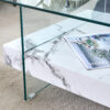 31.4 Inch Modern Two-Tier Square Coffee Table - An Elegant Combination of Clear Glass and White Marble Pattern Sticker.It can be used as a coffee table,a side table or a display stand.